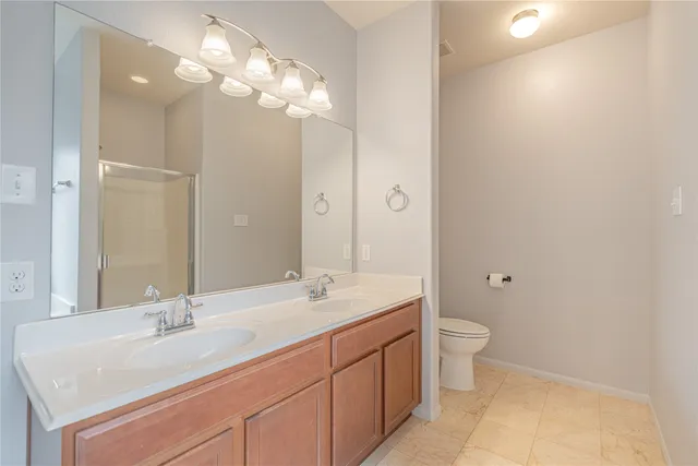 a bathroom with a sink a toilet and a large mirror