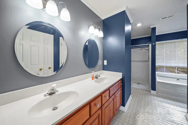 a bathroom with a double vanity sink mirror and bathtub