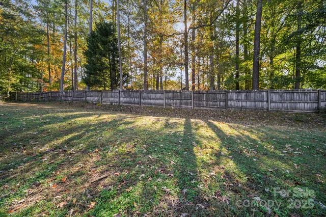 a view of a backyard with large trees and wooden fence