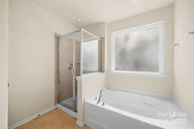 a bathroom with a bathtub and a shower