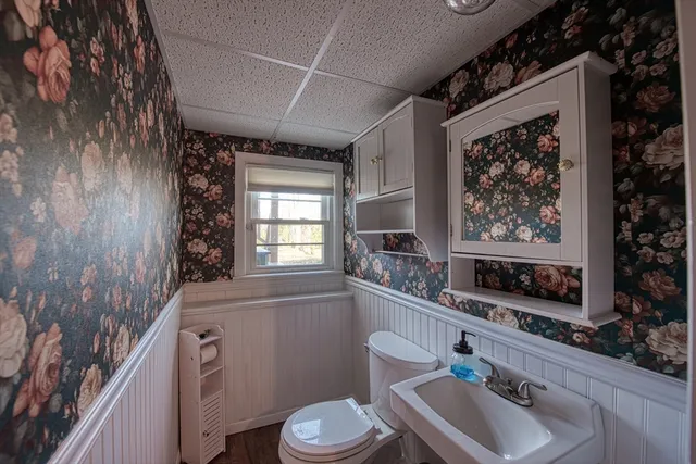 a bathroom with a sink mirror and toilet