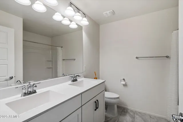 a bathroom with a double vanity sink mirror and toilet