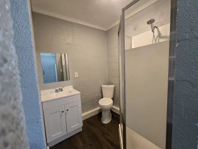 a bathroom with a toilet sink and mirror