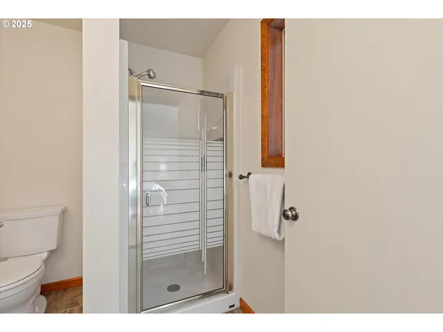 a bathroom with a shower and a toilet