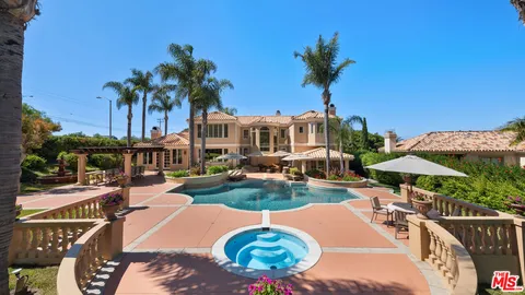 a view of a patio with table and chairs potted plants and palm tree