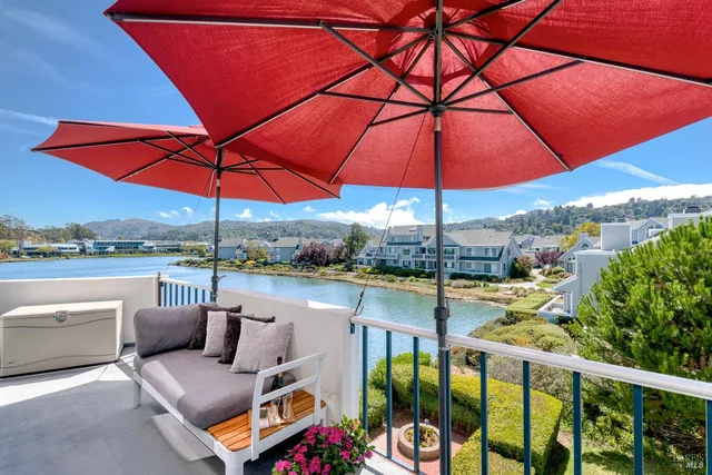 a view of a swimming pool with a couches in a patio