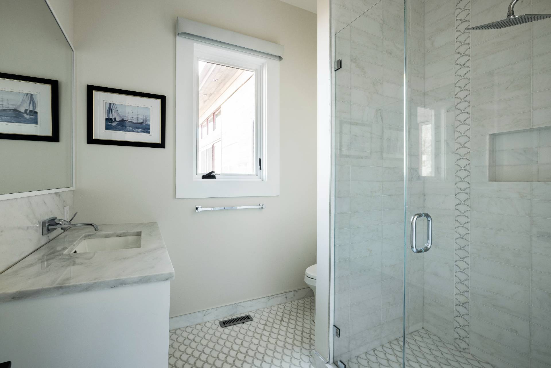 26 Mashomuck Drive Sag Harbor, NY 11963 - Photo 15 of 25 a bathroom with a granite countertop toilet a sink and a shower