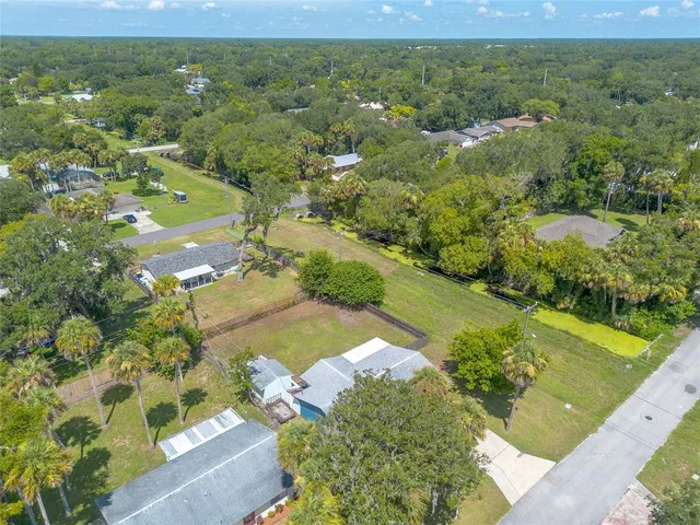 a view of a green yard with large trees
