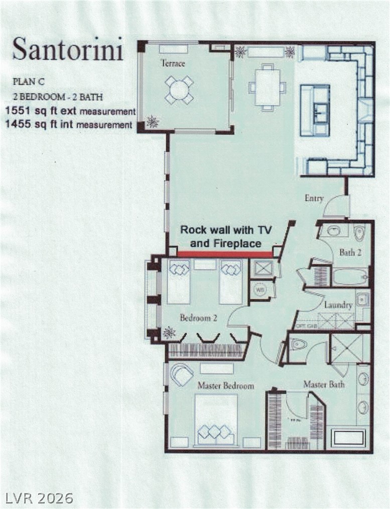2555 Hampton Road, Unit 6308 Henderson, NV 89052 - Photo 30 of 30 The Santorini condo floor plan, featuring an open living space & deck, two bedrooms & two bathrooms.