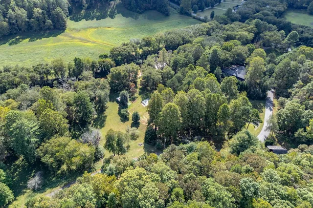 a view of a garden with a house