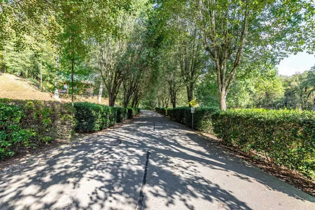 a view of a yard with swimming pool