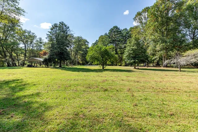 a view of a swimming pool with a yard and large trees