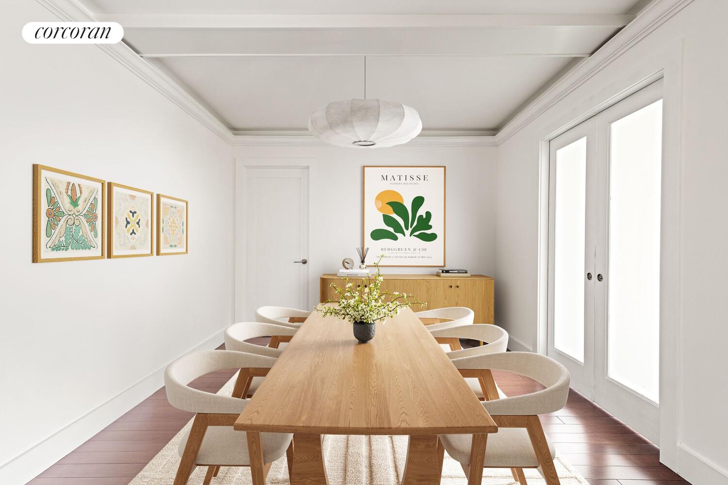 300 Rector Place, Unit 8ML Manhattan, NY 10280 - Photo 2 of 9 a view of a dining room with furniture a chandelier and wooden floor