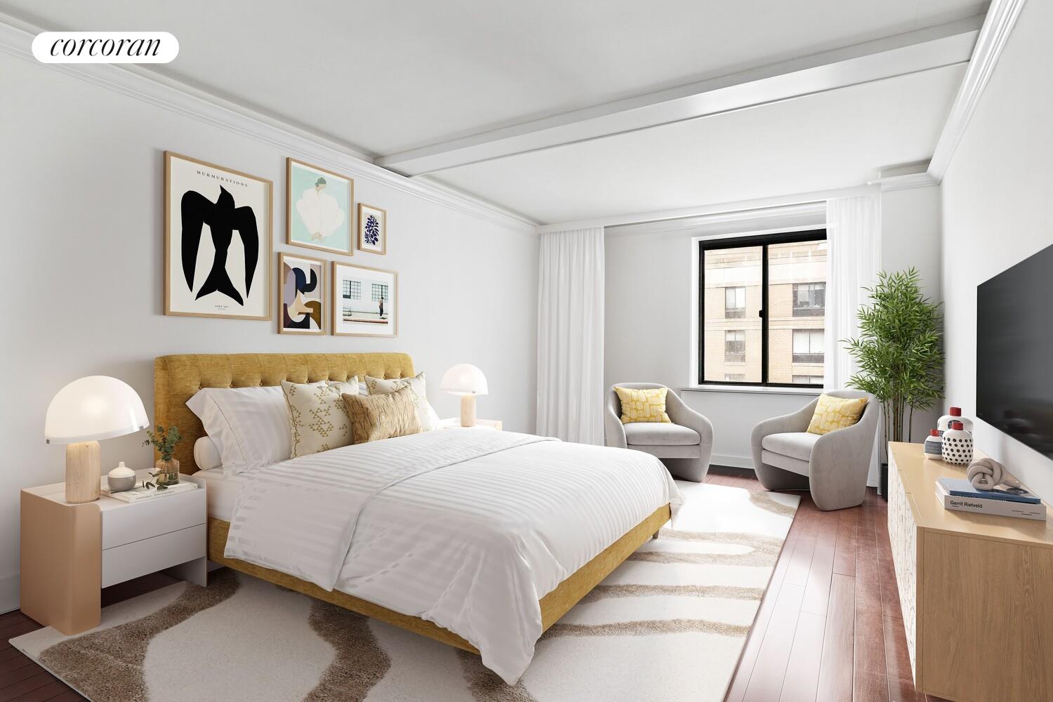 300 Rector Place, Unit 8ML Manhattan, NY 10280 - Photo 4 of 9 a bedroom with a bed and glass window