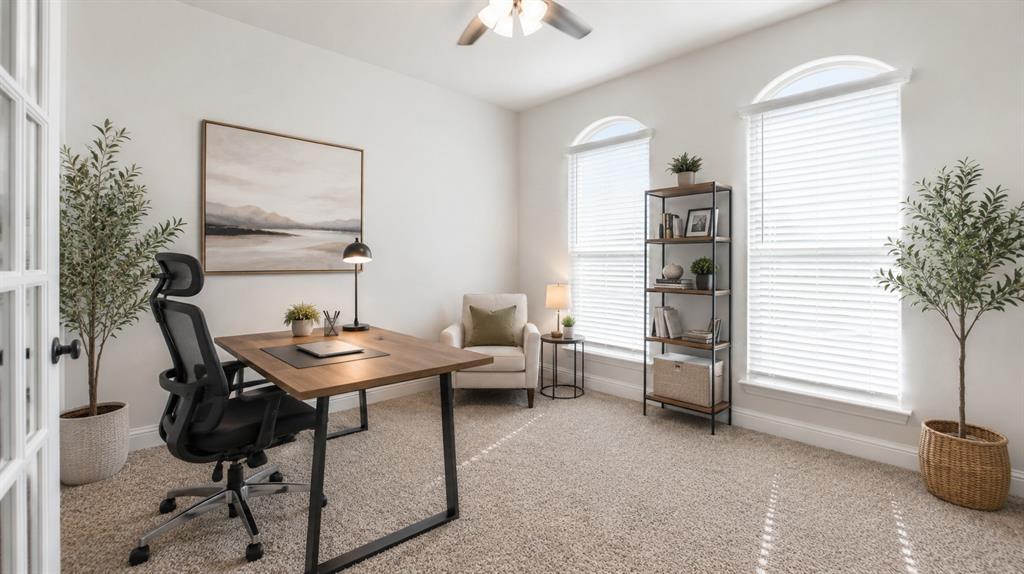 5216 Troupe Road McKinney, TX 75071 - Photo 6 of 40 AI Staged Bright room with arched windows featuring white blinds, neutral carpeting, a ceiling fan, and French doors