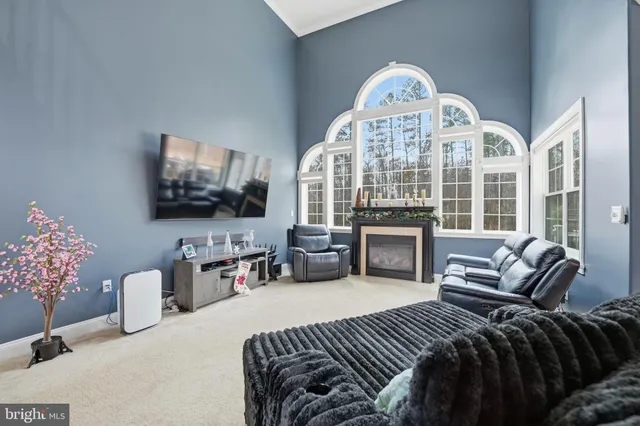 a living room with furniture a fireplace and a chandelier