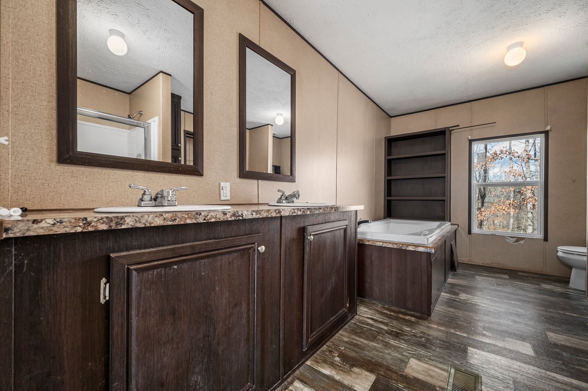 6684 Wesley Ridge Road Lyles, TN 37098 - Photo 19 of 37 a bathroom with a granite countertop sink a mirror and a bathtub