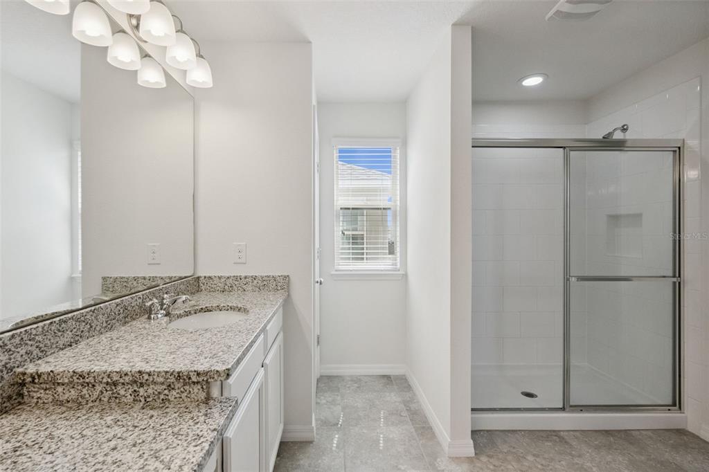 16031 Pebble Blf Loop Winter Garden, FL 34787 - Photo 19 of 51 a bathroom with a granite countertop sink a mirror and a shower
