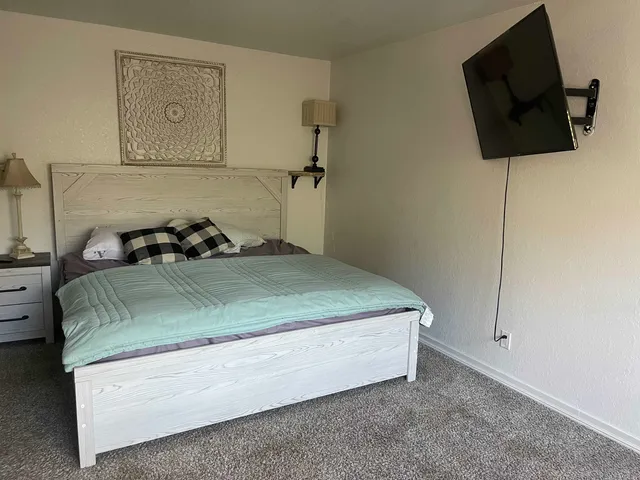 a bedroom with a bed and couch