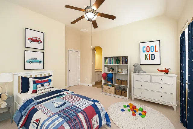 a bedroom with a bed and furniture