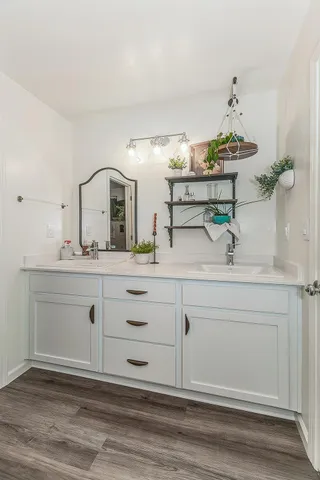 a bathroom with a sink and a mirror