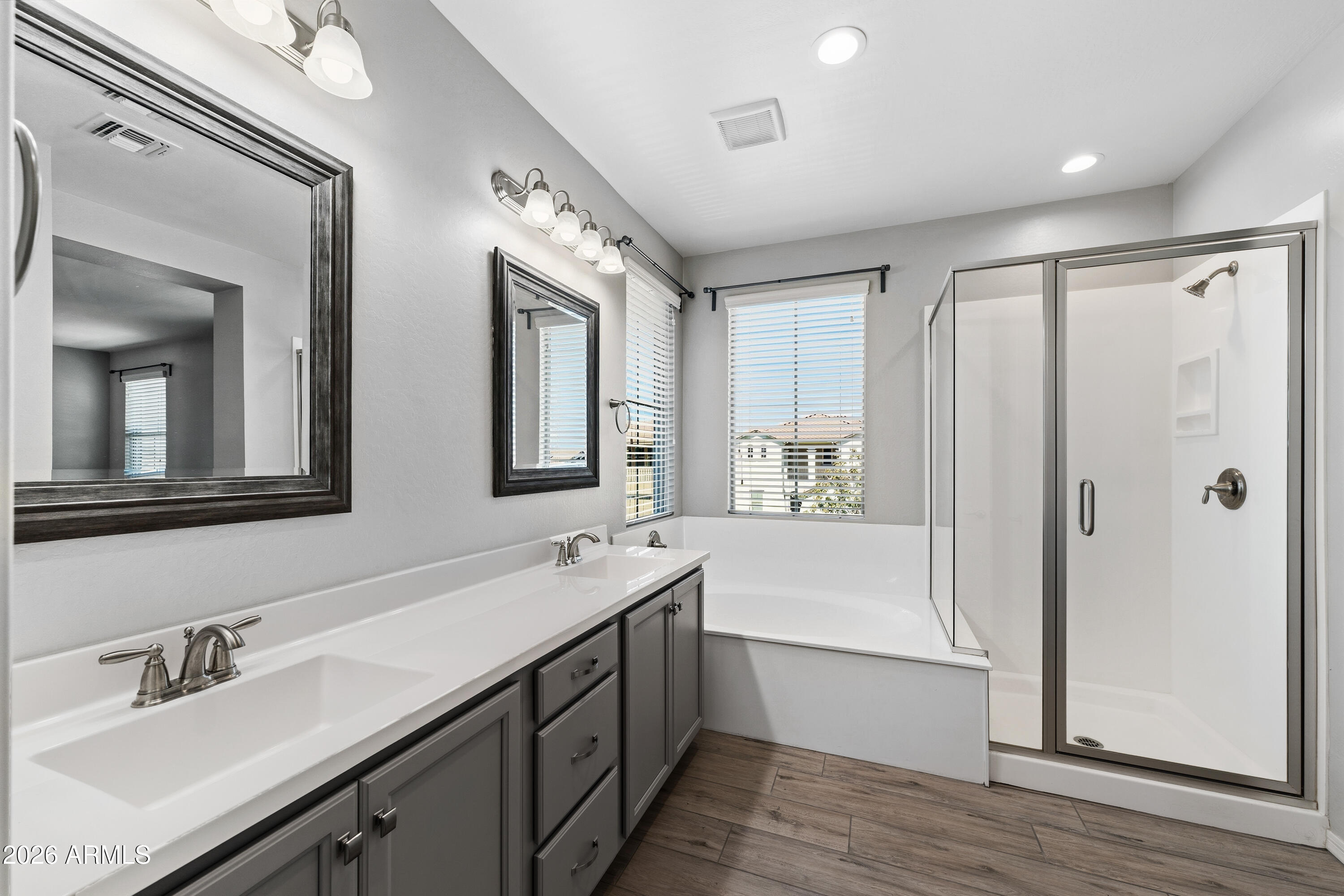 3909 East Perkinsville Street Gilbert, AZ 85295 - Photo 22 of 29 a bathroom with a double vanity sink mirror and bathtub