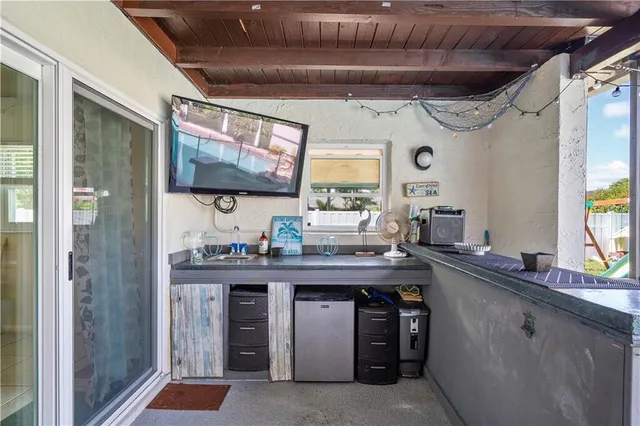 a garden view with a slide