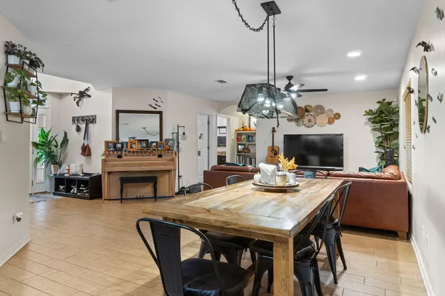 a view of a dining room with furniture