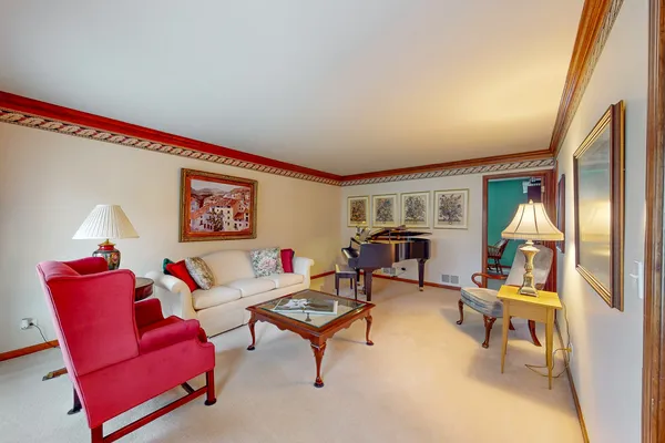 a living room with furniture a red rug and a window