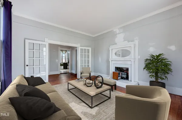 a living room with furniture potted plant and a fireplace