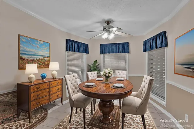 a view of a dining room with furniture