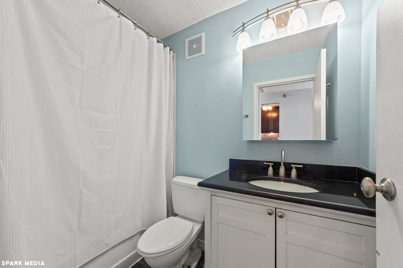 111 West Maple Street, Unit 1009 Chicago, IL 60610 - Photo 10 of 18 a bathroom with a granite countertop sink a toilet and a mirror