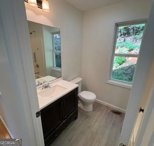 a bathroom with a sink vanity and a toilet