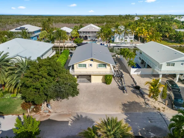 an aerial view of a house with a yard and a large tree