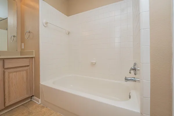 a close view of a bathtub in bathroom