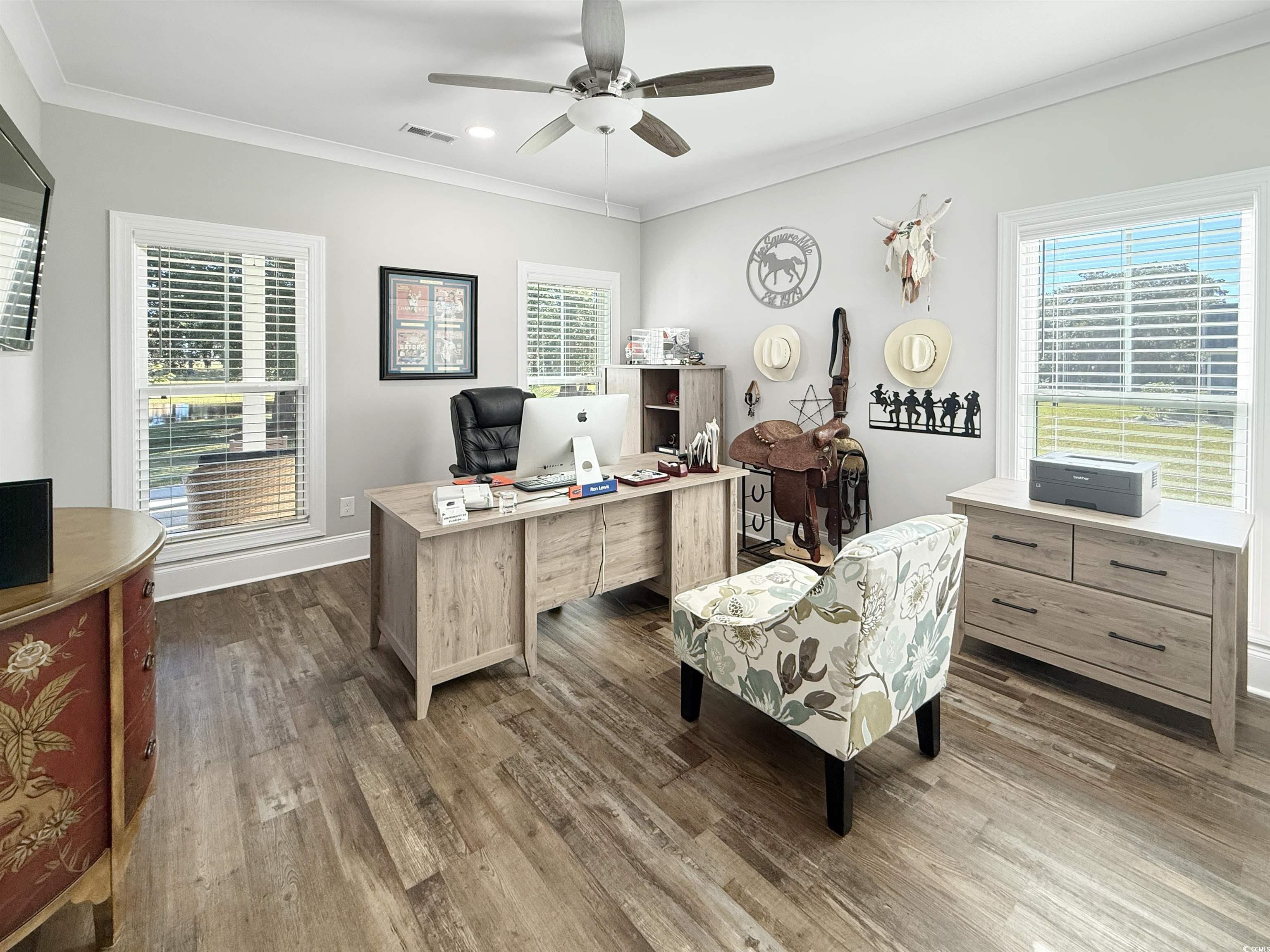 521 Oak Lawn Road Georgetown, SC 29440 - Photo 36 of 40 Office with ornamental molding, plenty of natural light, wood finished floors, ceiling fan, and recessed lightin