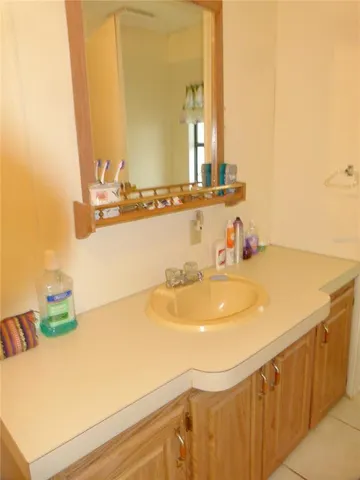 a bathroom with a sink and a mirror