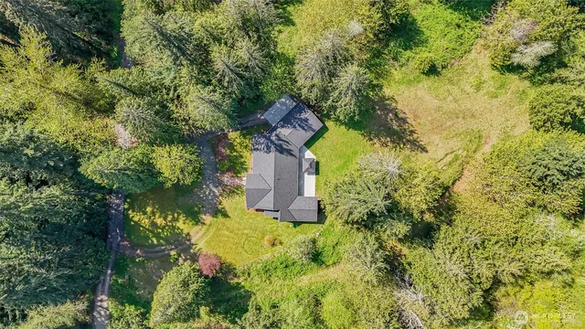 a aerial view of a house with a yard and large trees