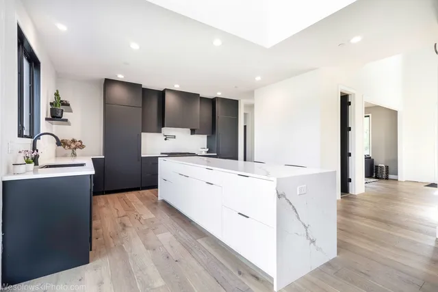 a large room with cabinets