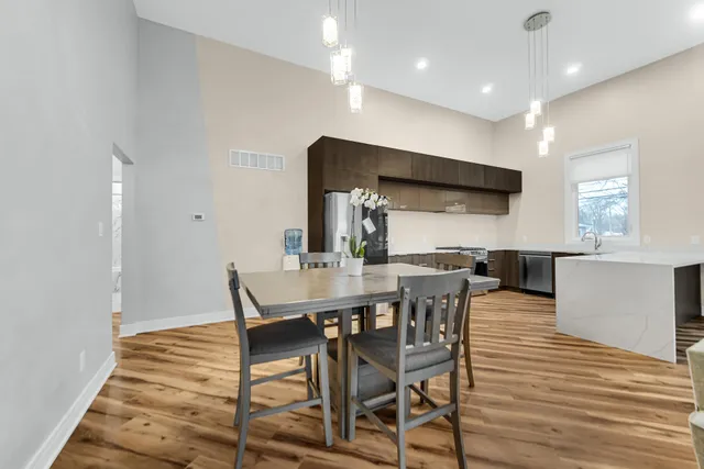 a view of a dining room with furniture