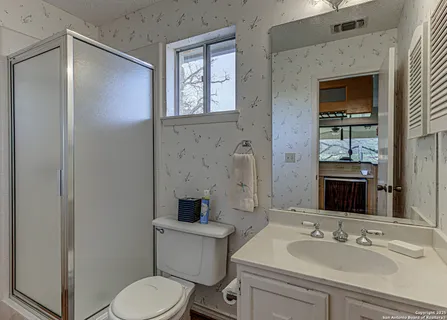 a bathroom with a sink toilet and shower