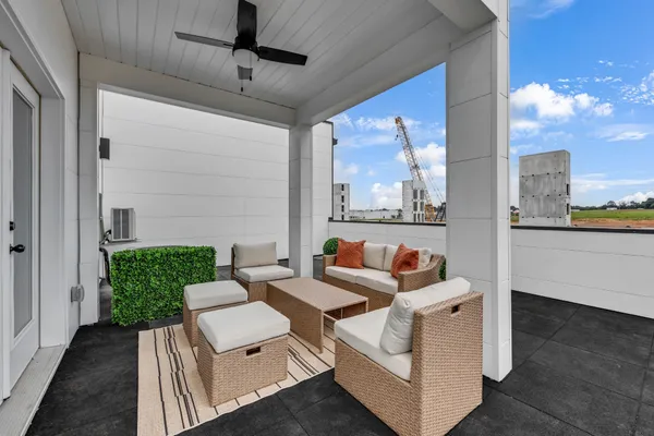 a view of a patio with couches and a potted plant on a table
