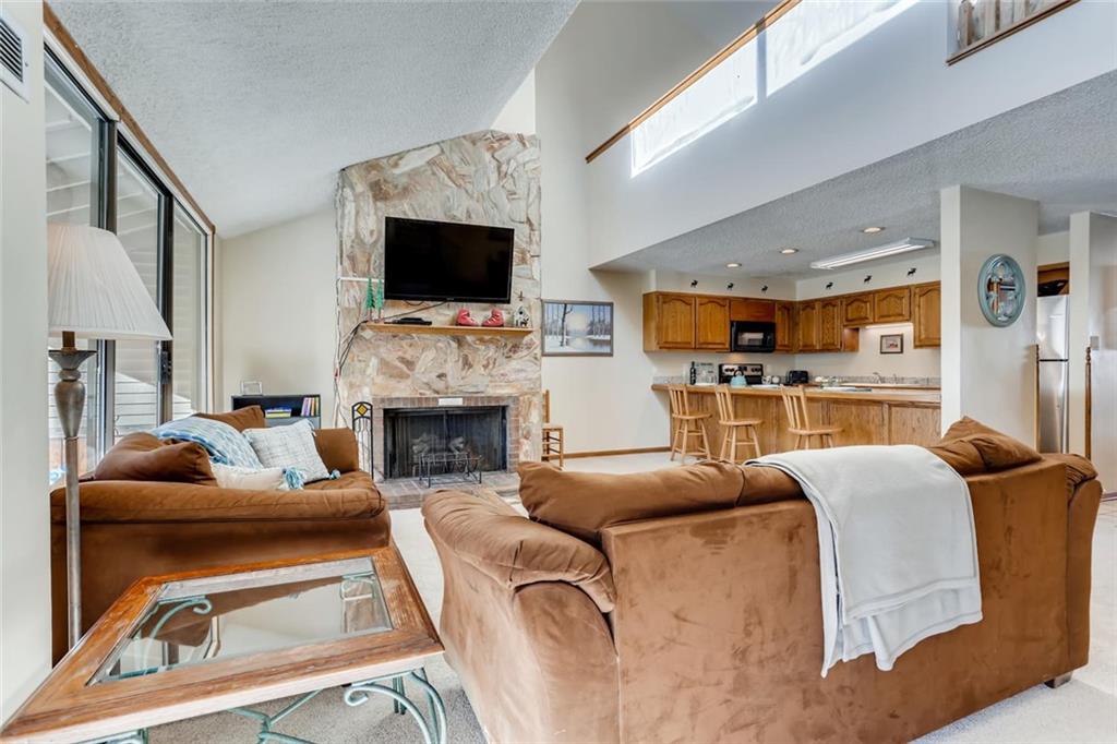 760 Copper Road, Unit 201 Copper Mountain, CO 80443 - Photo 3 of 28 a living room with furniture a flat screen tv and a fireplace