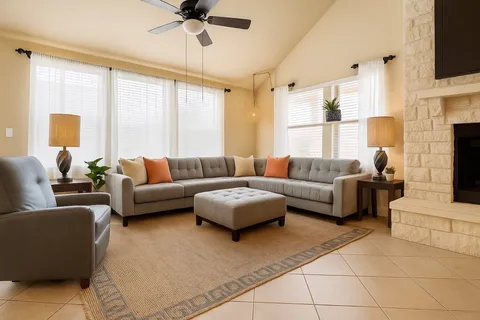 a living room with furniture a large window and a flat screen tv