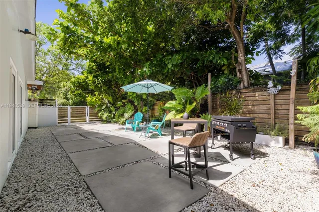 a view of a backyard with sitting area