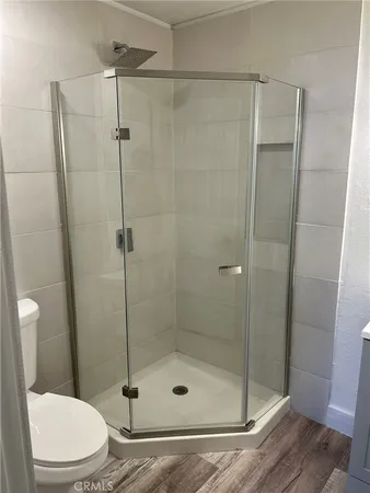 a bathroom with a shower and a toilet