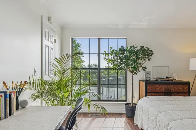 a bedroom with a large bed and a potted plant