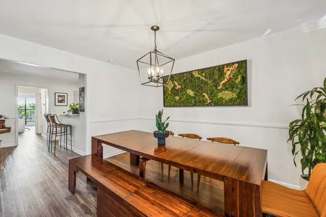 a dining room with furniture window and wooden floor
