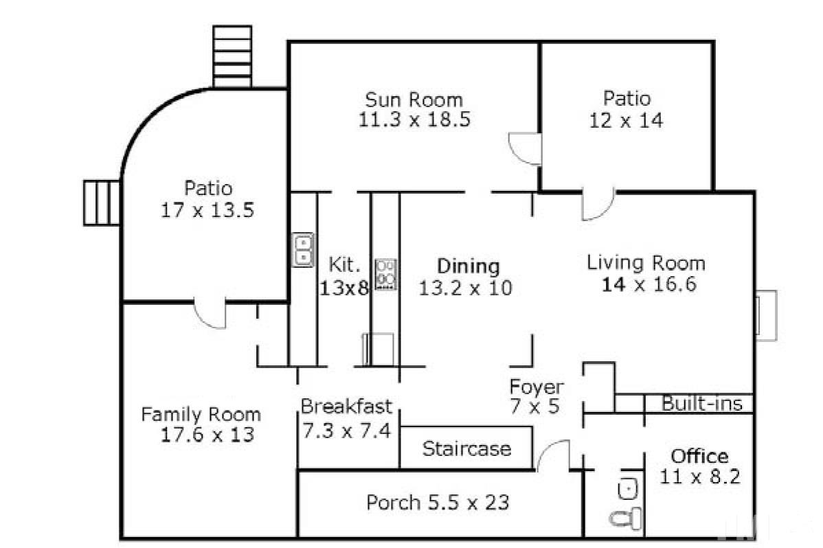 1508 Canterbury Road Raleigh, NC 27608 - Photo 24 of 25 The first floor plan shows the conveniently located Office/Study and east-facing Sun, Family and Living rooms with adjacent patios.