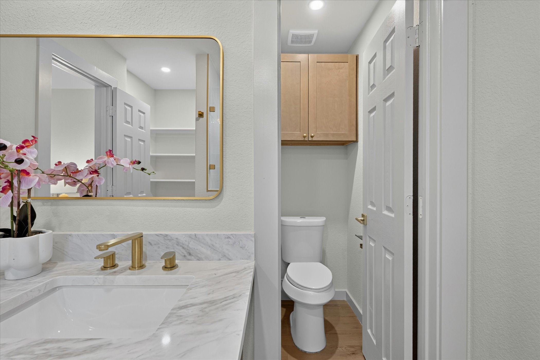 258 Pine View Loop Bastrop, TX 78602 - Photo 31 of 40 A well-appointed lavatory boasts stylish gold fixtures, a contemporary vanity, and practical storage solutions.